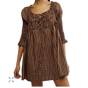 Free People Brown Off The Shoulder Smocked Babydoll Dress